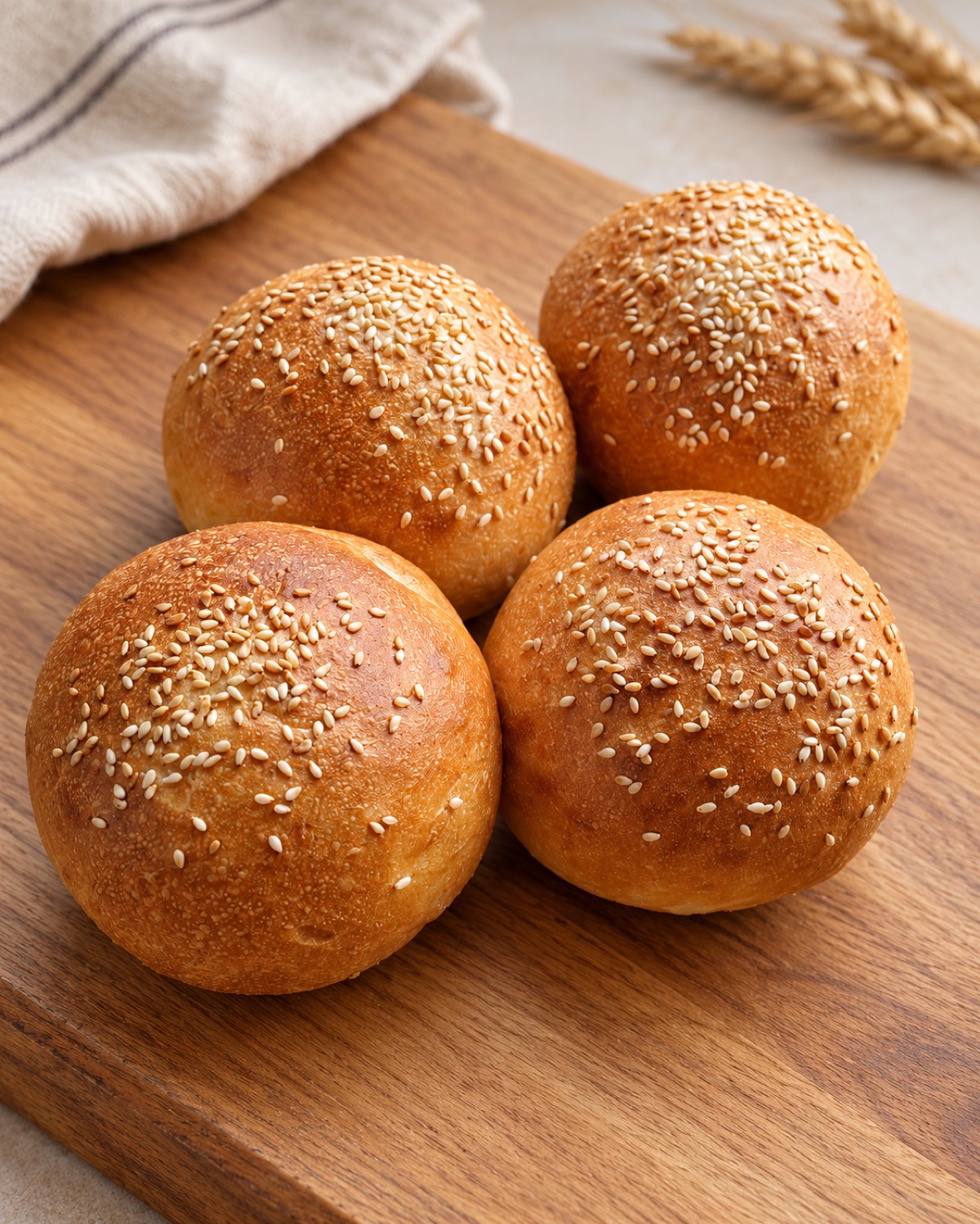 Čtyři kulaté burger bulky se sezamem